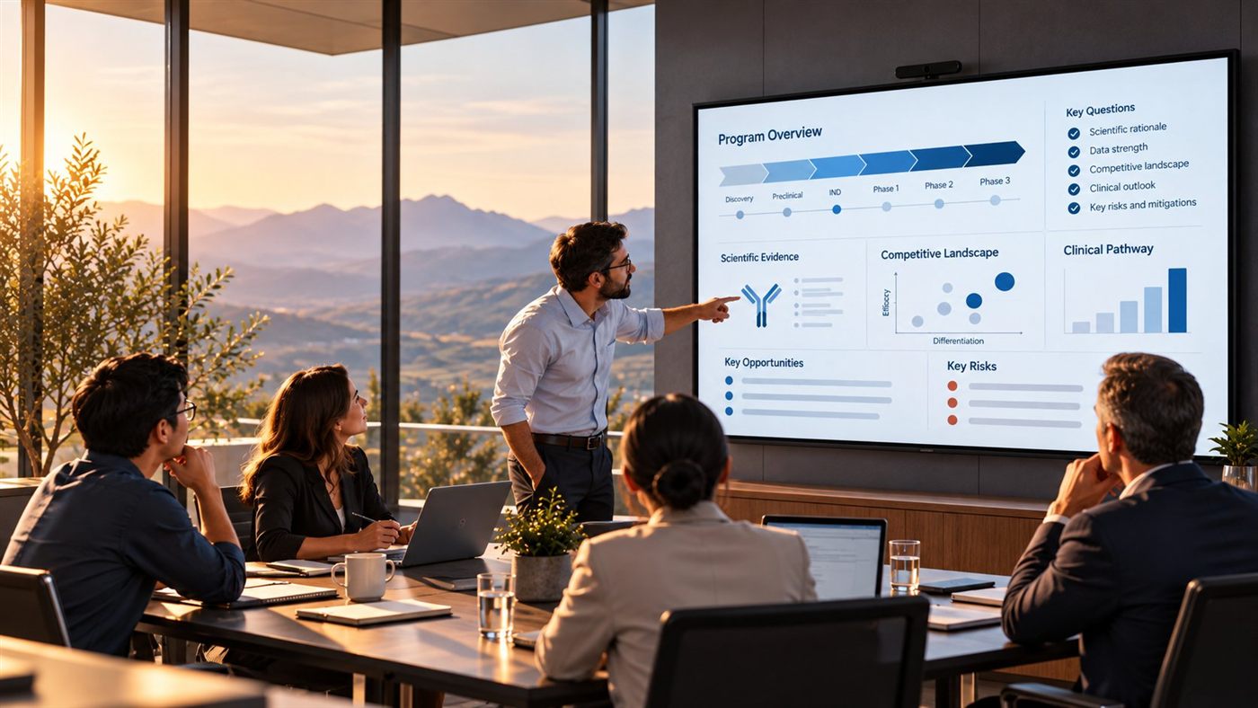 A team reviewing a program overview and competitive landscape on a large display