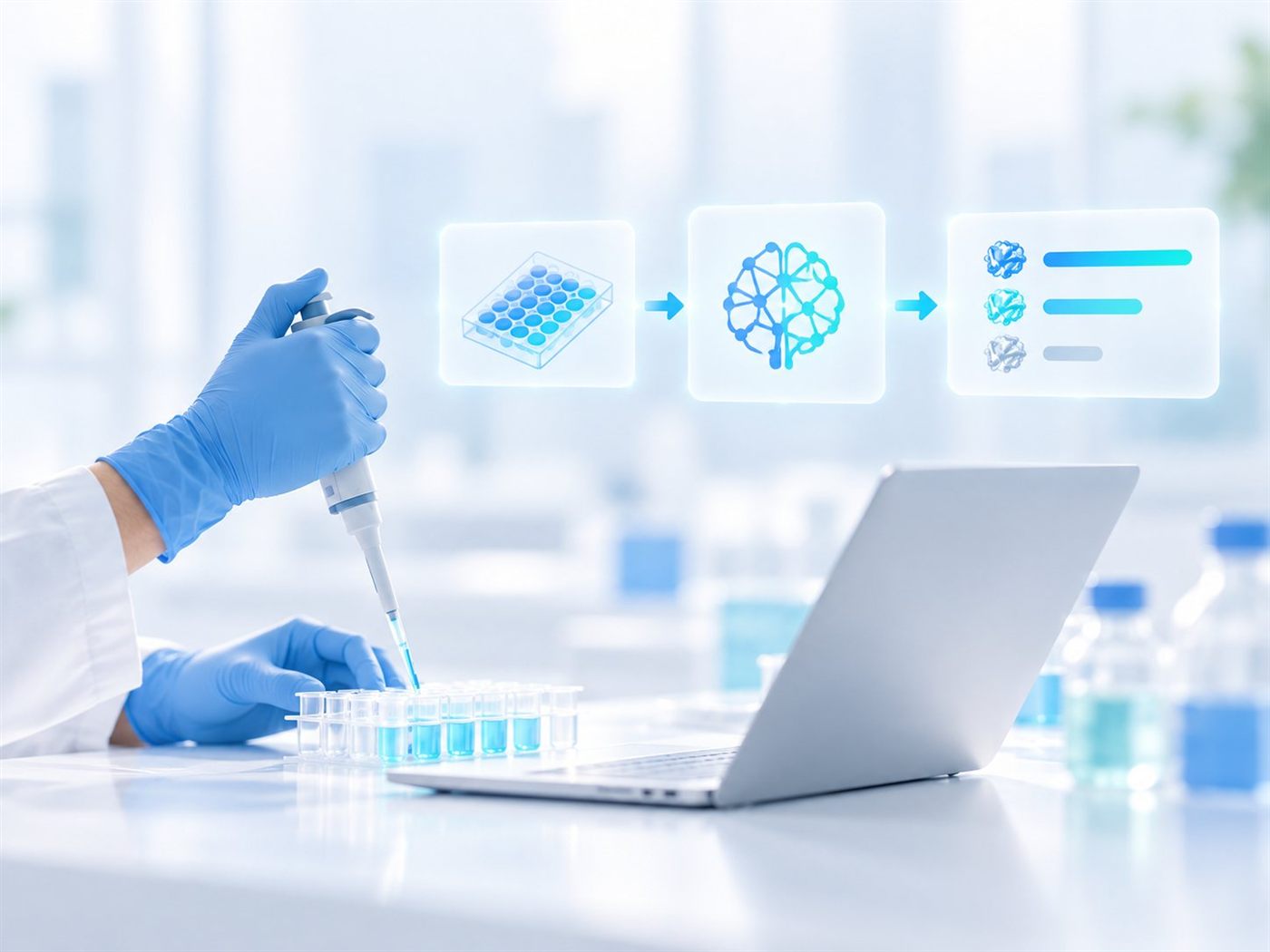 A scientist pipetting samples beside a laptop, with a workflow running from assay plate to model to ranked results