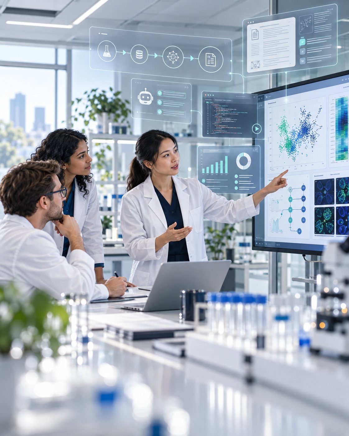 Three scientists in a lab reviewing experimental dashboards on a wall display